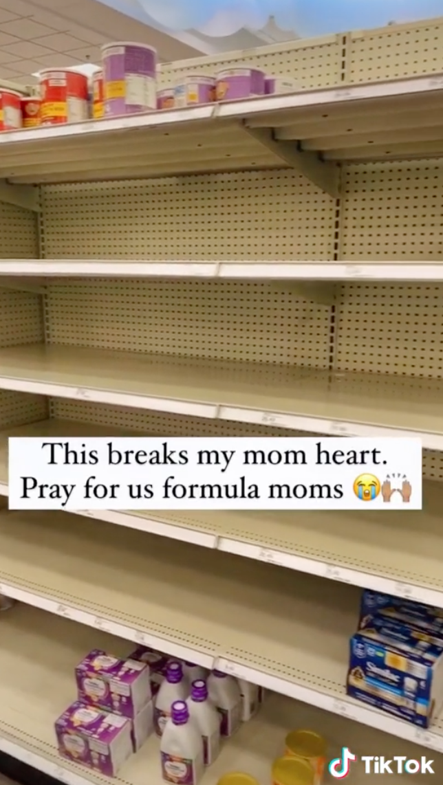Completely empty store shelves with the caption "This breaks my mom heart, pray for us formula moms"