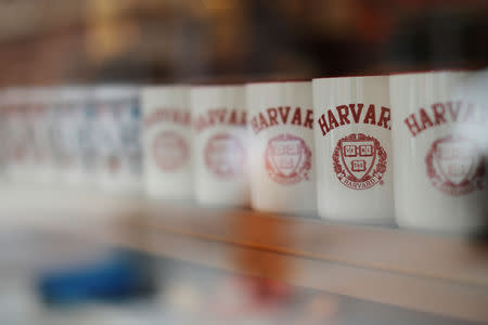 Mugs bearing the school's logo are displayed for sale outside Harvard University in Cambridge, Massachusetts, U.S., June 18, 2018. REUTERS/Brian Snyder