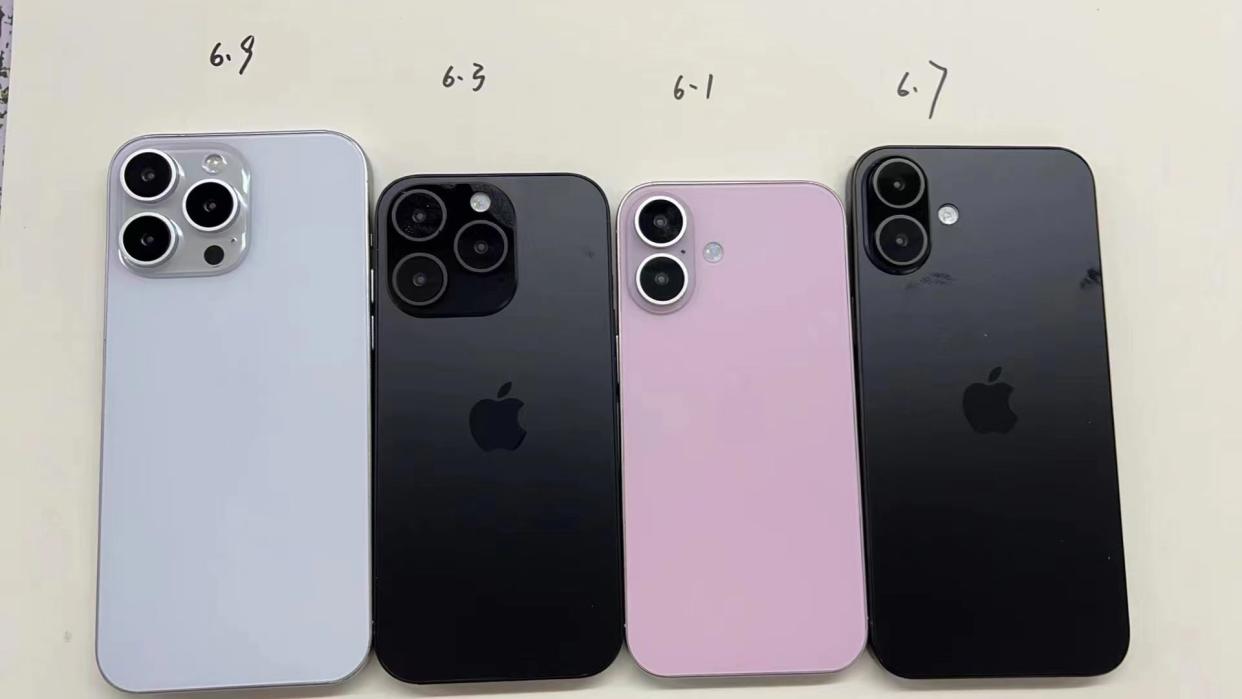  Four alleged iPhone 16 dummies, featuring their sizes written above them. 