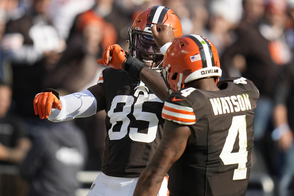Cleveland Browns tight end David Njoku (85) celebrates after catching a touchdown pass from quarterback Deshaun Watson (4) during the second half of an NFL football game against the Arizona Cardinals Sunday, Nov. 5, 2023, in Cleveland.(AP Photo/Sue Ogrocki)