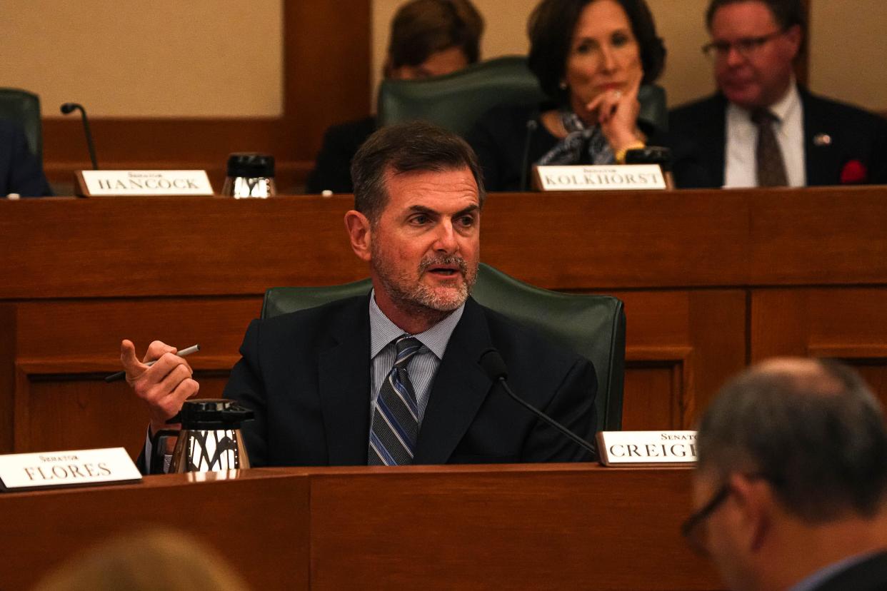 Sen. Brandon Creighton, R-Conroe, speaks at a Senate Finance Committee hearing Monday. He has authored two education spending bills that the committee approved Tuesday.