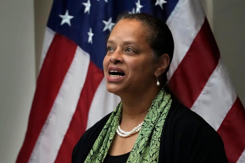 State Rep. Rachel Talbot Ross speaks after being sworn in as the first Black woman to serve as Maine House speaker, Wednesday, Dec. 7, 2022, in Augusta, Maine.
