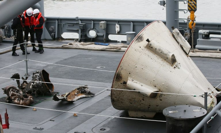 Objects believed to be debris from a North Korean rocket are displayed on a South Korean navy ship at in Pyeongtaek, South Korea, on February 11, 2016