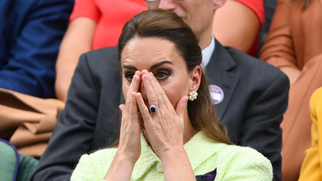 Catherine, Duchess of Cambridge  attends day thirteen of the Wimbledon Tennis Championships at All England Lawn Tennis and Croquet Club on July 15, 2023 in London, England.