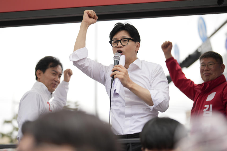 The ruling People Power Party's leader Han Dong-hoon speaks during his party's parliamentary election campaign in Seoul, South Korea, Thursday, April 4, 2024. As South Koreans prepare to vote for a new 300-member parliament next week, many are choosing their livelihoods and other domestic topics as their most important election issues.(AP Photo/Lee Jin-man)