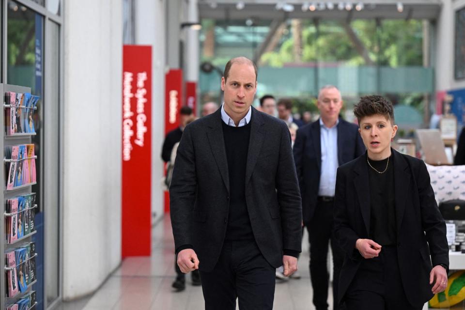PHOTO: Prince William talks with Homewards Head Liz Laurence as they make their way to attend a Homewards Sheffield Local Coalition meeting at the Millennium Gallery in Sheffield, northern England, March 19, 2024.  (Oli Scarff/POOL/AFP via Getty Images)