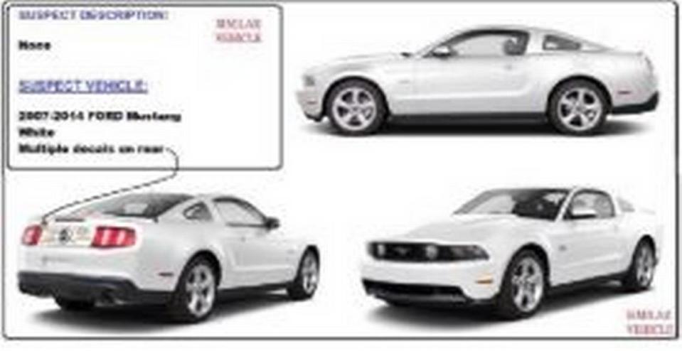 The initial reward poster description of the white Ford Mustang that Fort Lauderdale police believed hit Lynn Hessley. Though it says 2007-2014 Mustang, the description is of a 2010-2014 Mustang.