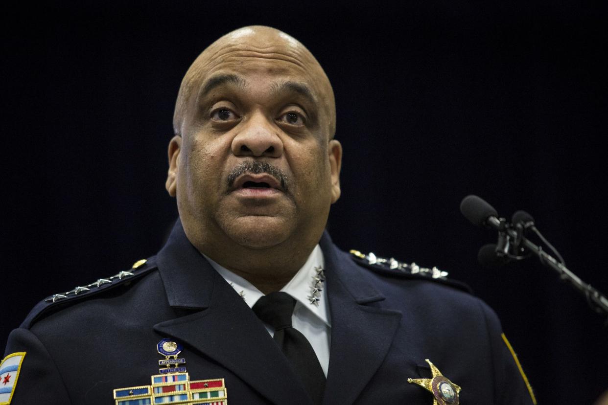 Chicago Police Supt. Eddie Johnson speaks during a press conference at CPD headquarters, on Feb. 21, 2019, in Chicago, Ill. after actor Jussie Smollett turned himself in on charges of disorderly conduct and filing a false police report. The "Empire" staged a racist and homophobic attack because he was unhappy about his salary and wanted to promote his career, Johnson said Thursday.