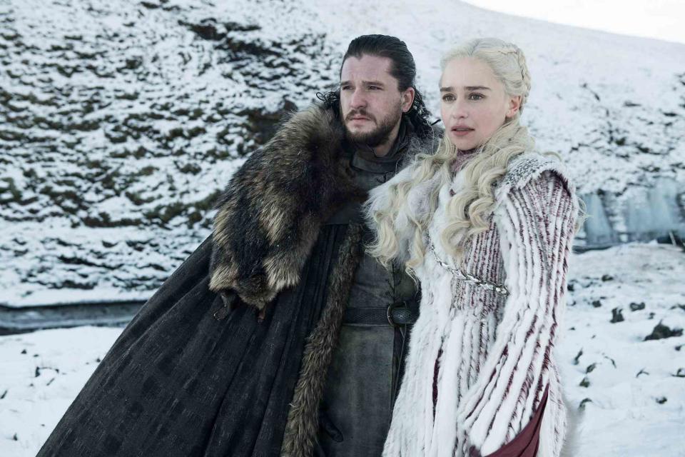 <p>HBO/BSkyB/Kobal/Shutterstock </p> Kit Harington as Jon Snow and Emilia Clarke as Daenerys Targaryen on 