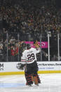 FILE - Chicago Blackhawks goaltender Marc-Andre Fleury acknowledges the crowd after a tribute before the team's NHL hockey game against the Vegas Golden Knights on Saturday, Jan. 8, 2022, in Las Vegas. The Minnesota Wild addressed their inconsistent goaltending situation by acquiring Marc-Andre Fleury in a trade with the Chicago Blackhawks on Monday, March 21, 2022. (AP Photo/David Becker, File)