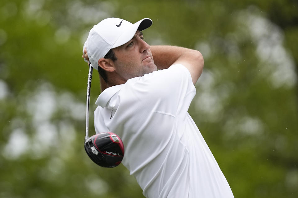 Scottie Scheffler watches his tee shot on the sixth hole during the second round of the PGA Championship golf tournament at Oak Hill Country Club on Friday, May 19, 2023, in Pittsford, N.Y. (AP Photo/Abbie Parr)