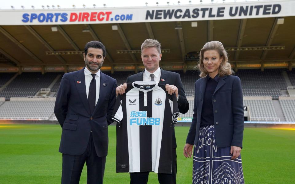 Amanda Staveley and husband Mehrdad Ghodoussi (left) with new Newcastle United manager Eddie Howe in November