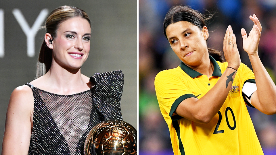 Sam Kerr (pictured right) reacting during a game and (pictured left) Barcelona star Alexia Putella receiving the Ballon d'Or.