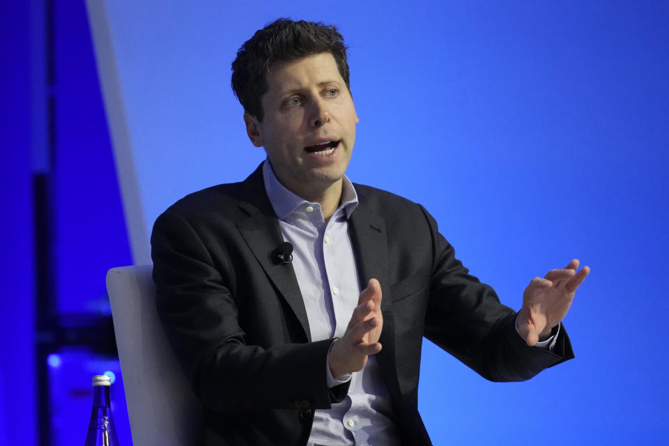 File - Sam Altman participates in a discussion during the Asia-Pacific Economic Cooperation (APEC) CEO Summit, Thursday, Nov. 16, 2023, in San Francisco. The board of ChatGPT-maker Open AI says it has pushed out Altman, its co-founder and CEO, and replaced him with an interim CEO(AP Photo/Eric Risberg, File)