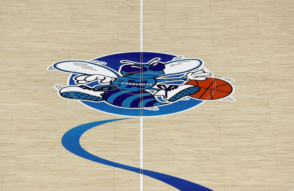 CHARLOTTE, NC - OCTOBER 17:  A detailed view of the original logo of the Charlotte Hornets on display on the court ahead of opening night against the Milwaukee Bucks at Spectrum Center on October 17, 2018 in Charlotte, North Carolina. NOTE TO USER: User expressly acknowledges and agrees that, by downloading and or using this photograph, User is consenting to the terms and conditions of the Getty Images License Agreement.  (Photo by Streeter Lecka/Getty Images)