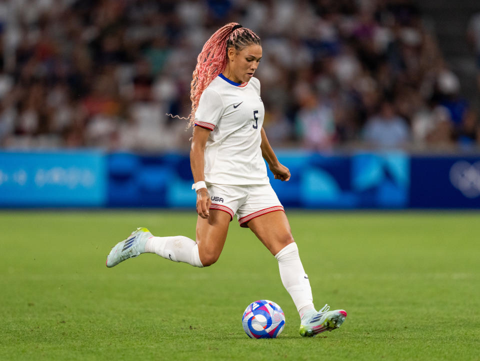 MARSEILLE, FRANCE - JULY 28: Trinity Rodman #5 of the United States dribbles during the Women's Group B match between Germany and USWNT during the Olympic Game Paris 2024 at Stade de Marseille on July 28, 2024 in Marseille, France. (Photo by Brad Smith/ISI/Getty Images).