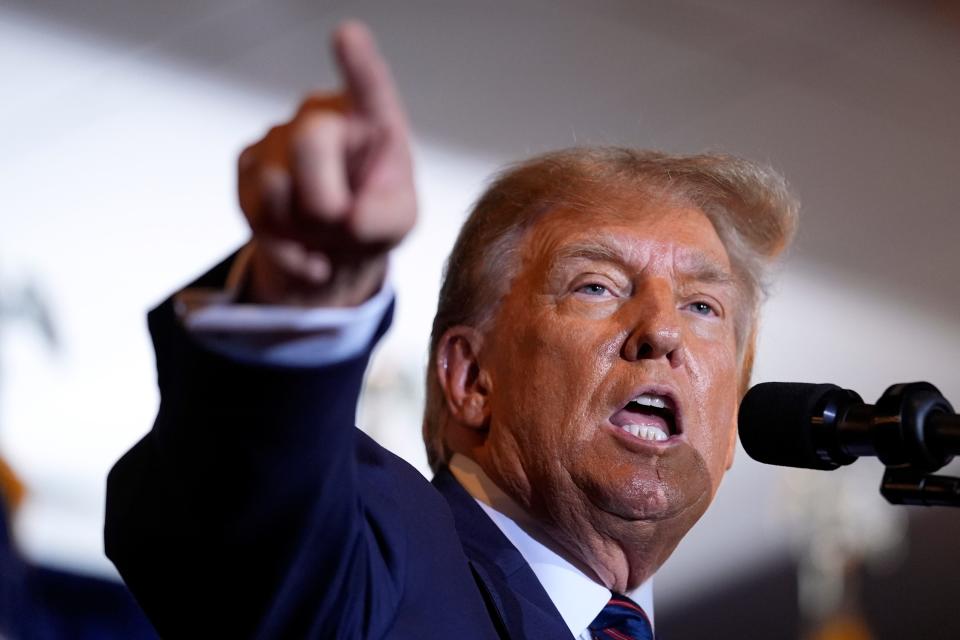 Republican presidential candidate former President Donald Trump speaks at a primary election night party in Nashua, N.H., Tuesday, Jan. 23, 2024.