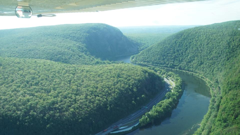 This aerial view of the Delaware Water Gap, taken in 2016, shows New Jersey’s Mount Tammany on the left and Pennsylvania’s Mount Minsi on the right and Interstate 80 running to the left of the Delaware River. Drone flights are prohibited in both the Upper Delaware Scenic and Recreation River as well as the Delaware Water Gap National Recreation Area.