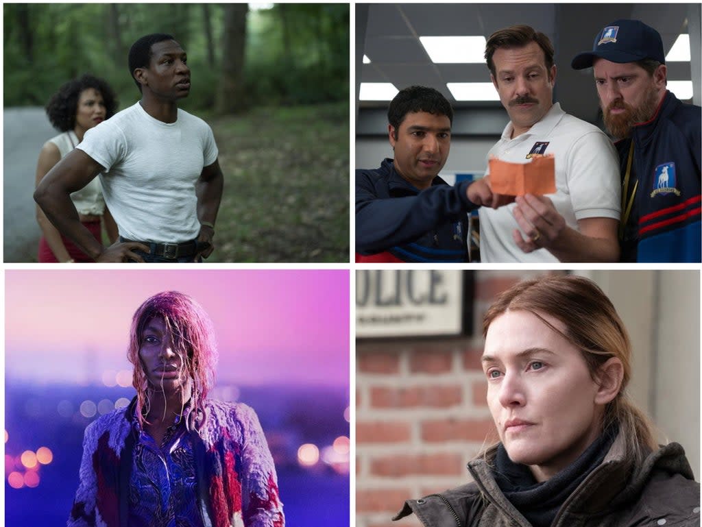 Clockwise from top left: Emmy hopefuls ‘Lovecraft Country’, ‘Ted Lasso’, ‘Mare of Easttown’, ‘I May Destroy You’ (HBO, Apple, BBC)