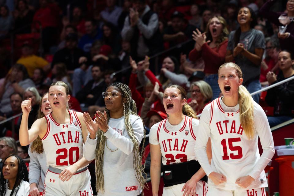 Utah Utes players cheer from the bench during the women’s college basketball game between the Utah Utes and the Oregon State Beavers at the Jon M. Huntsman Center in Salt Lake City on Friday, Feb. 9, 2024. | Megan Nielsen, Deseret News