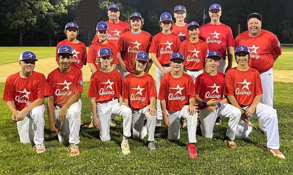 The Quincy 13-year-old Babe Ruth All-Stars have earned a spot in the New England tournament. Front row, kneeling, from left to right: Henry Gates, Nick Spagnolo, Nick Ambroult, Joe D'Antona, Dylan McCole, Ryan Beach and Joe Carroll. Back row, standing, from left to right: Ethan Whittaker, Michael Farnham, Coach Neil McCole, Ayden McElhiney, Emmet Allen, Malcolm McMorrow, Myles Ryan, Coach Dave D'Antona, Coach Rick Beach