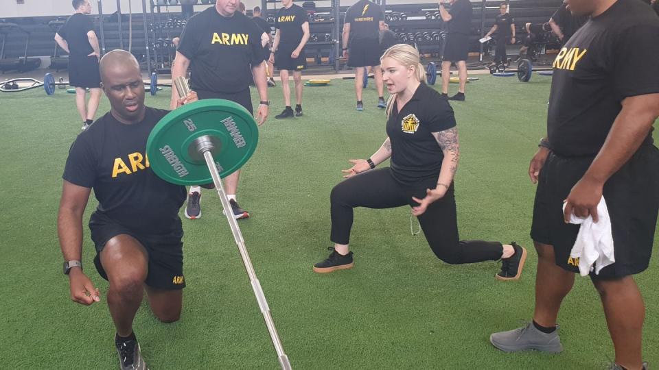 A pre-command course student participates in the physical readiness portion of the Holistic Health and Fitness Day at Fort Leavenworth, Kansas, on April 23. (Jon Dahms/Army)