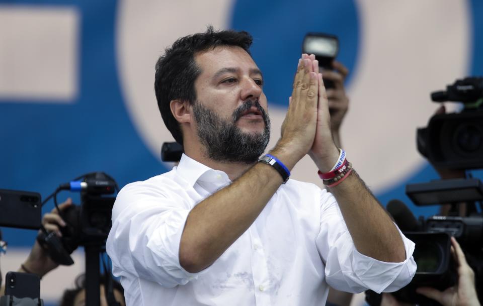 FILE - Leader of The League party, Matteo Salvini, speaks at a party's rally in Pontida, northern Italy, Sunday, Sept. 15, 2019. Italy’s former firebrand interior minister, Matteo Salvini, is campaigning to get his old job back. Salvini is making a stop Thursday, Aug. 4, 2022 on Italy’s southernmost island of Lampedusa, the gateway to tens of thousands of migrants arriving in Italy each year across the perilous central Mediterranean Sea. Salvini is sounding the alarm that the migrant reception center on the island is overcrowded to the breaking point. (AP Photo/Luca Bruno, File)