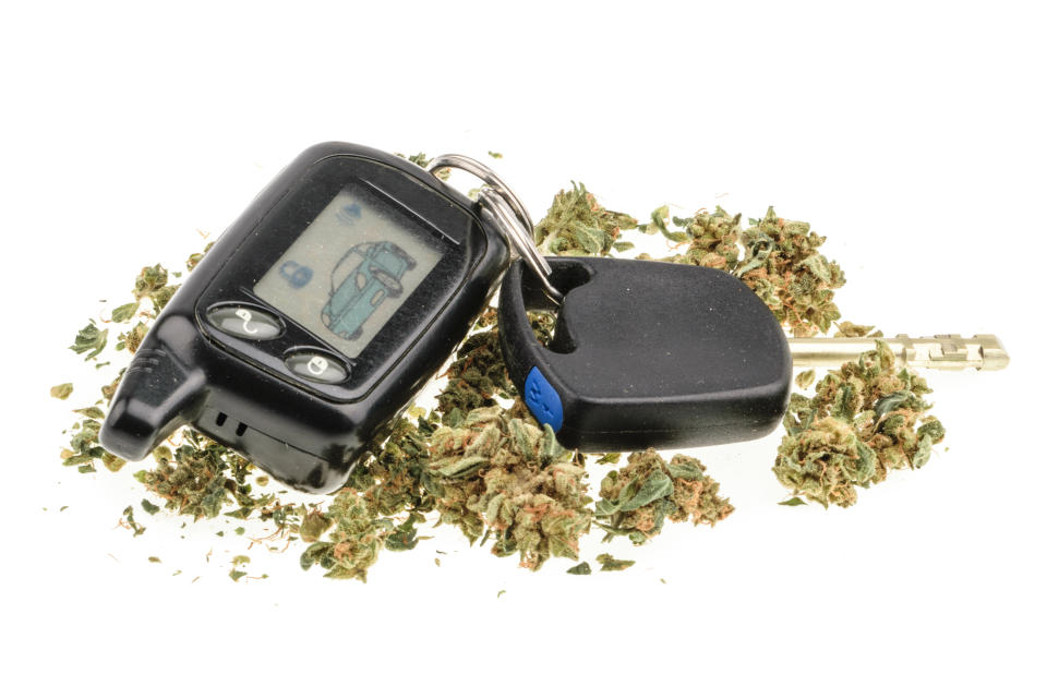 A car key fob that's surrounded by dried cannabis flower.