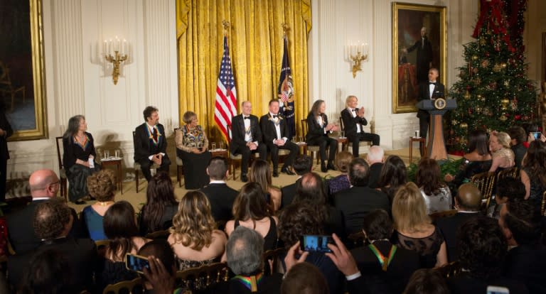 (L-R) The 2016 Kennedy Center Honorees: pianist Martha Argerich; actor Al Pacino: singer Mavis Staples; musician James Taylor; members of the Eagles: Don Henley, Timothy B. Schmit and Joe Walsh participate in a reception at The White House