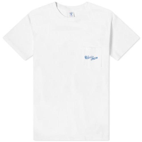white Velva Sheen logo pocket t-shirt against white background