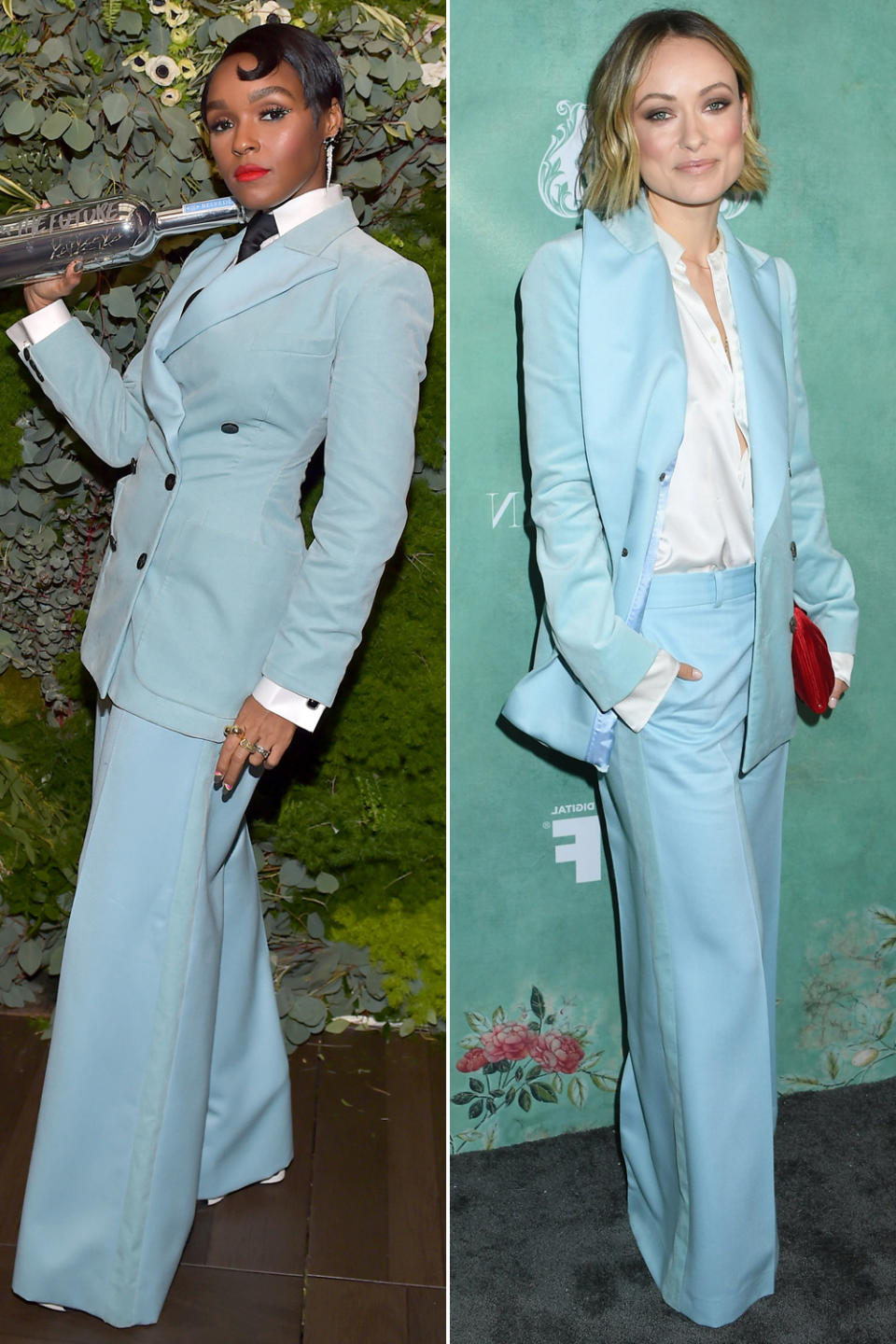 <p>Diesem blauen Power Suit von Bella Freud konnten Janelle Monaé (l.) und Olivia Wilde nicht widerstehen. Schließlich lieben beide Schauspielerinnen einen starken, weiblichen Auftritt. Monaé („Hidden Figures – Unerkannte Heldinnen“) unterstrich die maskuline Note mit Hemd und Schlips. Wilde stylte den Samtanzug legerer. (Bilder: Getty Images) </p>