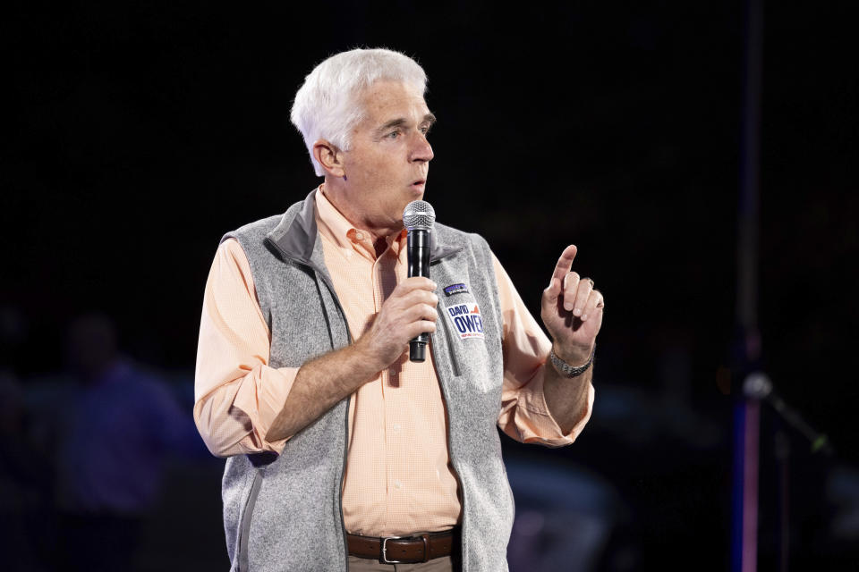 David Owen, Republican candidate for House of Delegates district 57, addresses the crowd during a campaign rally in Henrico County, Va., on Monday, Oct. 23, 2023. Owen faces his opponent candidate Susanna Gibson on Nov. 7. (Mike Kropf/Richmond Times-Dispatch via AP)