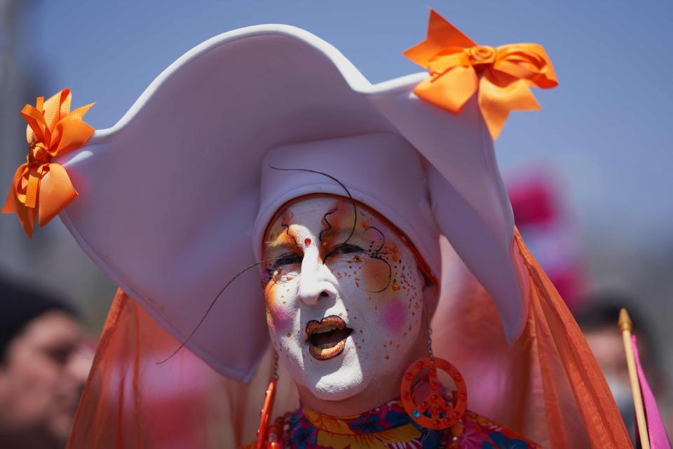 A member of The Sisters of Perpetual Indulgence marches with LGBTQ+ activists during the Los Angeles LGBT Center's "Drag March LA," in West Hollywood on April 9, 2023.