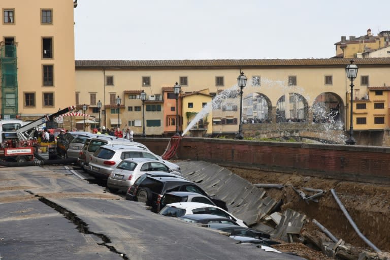 A part of the collapsed embankment running alongside the Arno river in Florence, on May 25, 2016