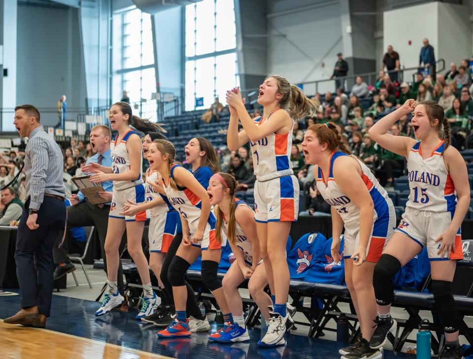 Poland's bench gets loud inside SRC Arena at Onondaga Community College during Section III's Class D championship game Saturday.