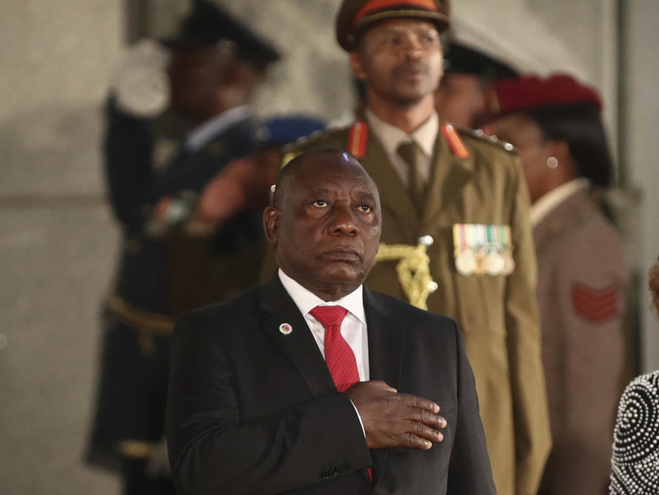 South African President Cyril Ramaphosa arrives to deliver his State of the Nation Address at parliament in Cape Town, South Africa, Thursday, June 20, 2019. (Sumaya Hisham/Pool Photo via AP)