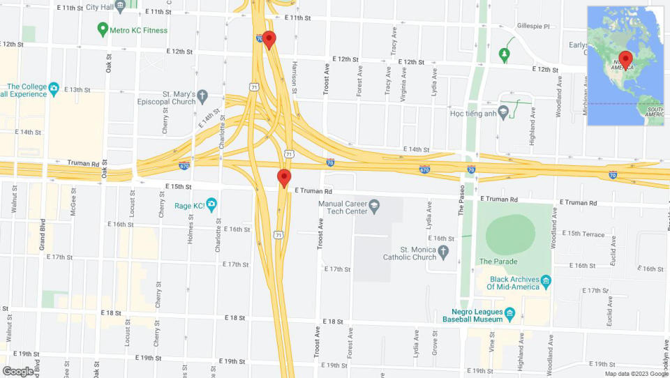 A detailed map that shows the affected road due to 'Crash reported on northbound US-71 in Kansas City' on October 2nd at 12:56 p.m.