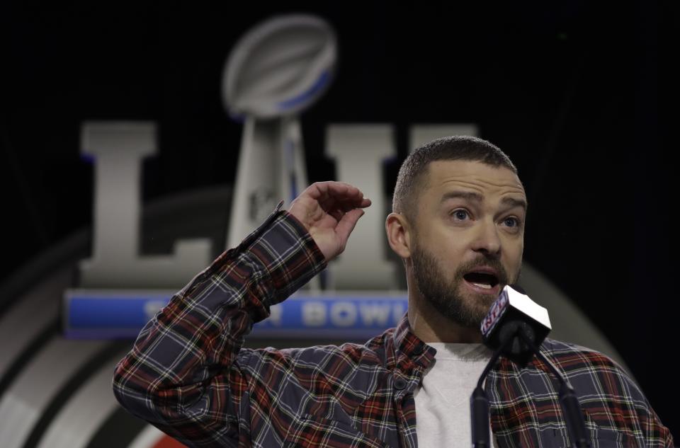 Justin Timberlake answers questions during a news conference for the NFL Super Bowl 52 football game halftime show on Thursday. (AP)