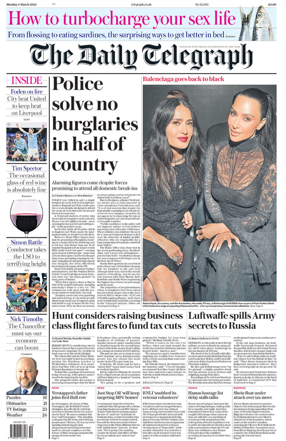 The headline in the Telegraph reads: "Police solve no burglaries in half of country".