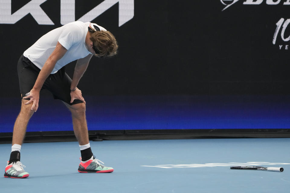 Germany's Alexander Zverev reacts after losing a point to United States' Taylor Fritz during their Group C match at the United Cup tennis event in Sydney, Australia, Monday, Jan. 2, 2023. (AP Photo/Mark Baker)