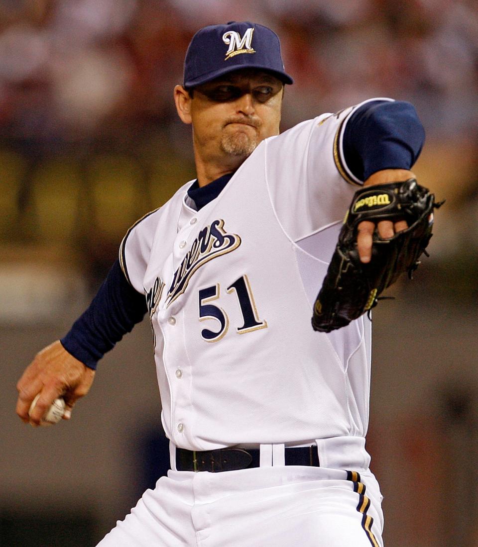 Trevor Hoffman of the Milwaukee Brewers pitches during the sixth inning of the MLB All-Star baseball game in St. Louis, Tuesday, July 14, 2009.