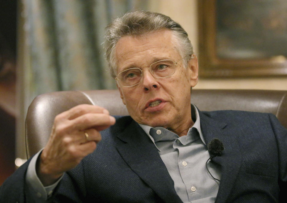 File---Picture taken Dec.29, 2015 shows Latvian conductor Mariss Jansons gestures during an interview with The Associated Press in Vienna, Austria. Jansons died 76 years old. (AP Photo/Ronald Zak)