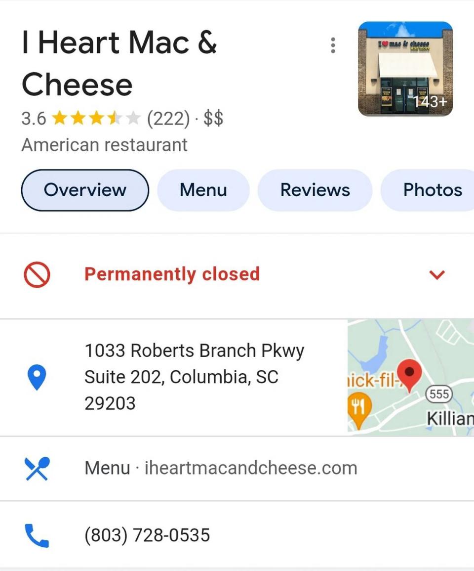 A Google listing of the I Heart Mac & Cheese restaurant on Roberts Branch Parkway in Columbia shows it as permanently closed.