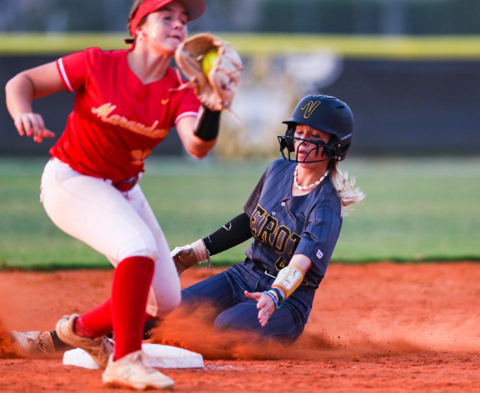 Bishop Verot Vikings outfielder McKenna Robbins (44) slides into second for a double during the second inning of the Class 3A regional quarterfinal against the Clearwater Central Catholic Marauders at Fleishman Park on Wednesday, May 10, 2023.