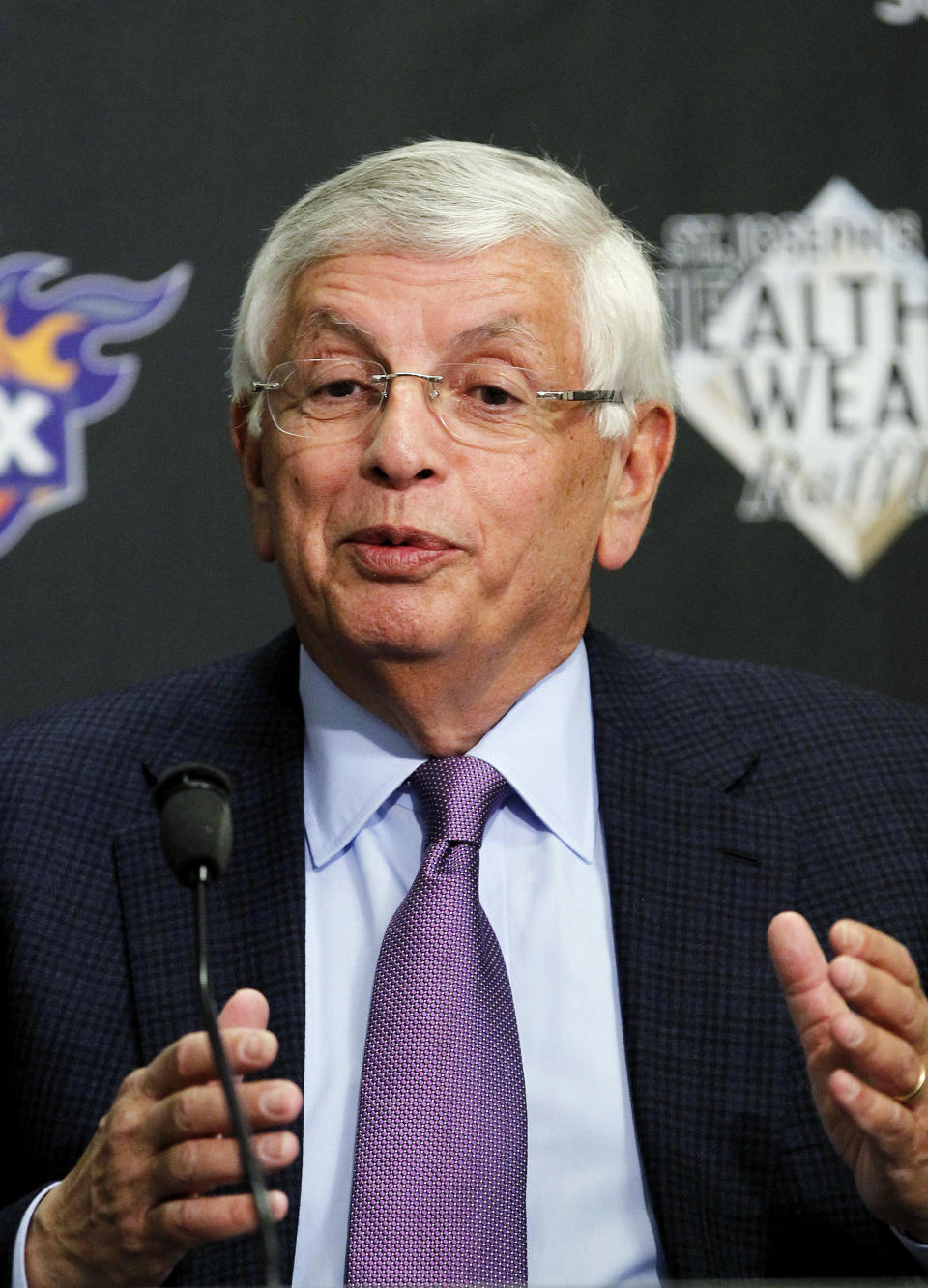 NBA Commissioner David Stern answers questions at a news conference prior to an NBA basketball game between the Phoenix Suns and the San Antonio Spurs Tuesday, March 27, 2012, in Phoenix.(AP Photo/Ross D. Franklin)