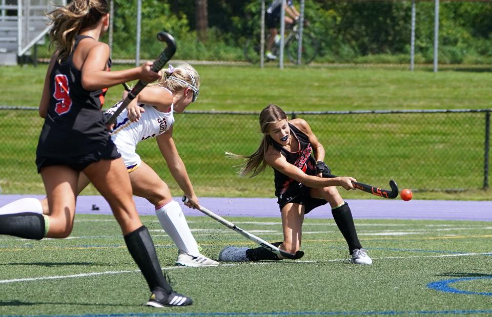 Mamaroneck's Lily Brickman (1) takes a shot on goal during field hockey action against John Jay-Cross River at John Jay High School in Cross River on Saturday, September 2, 2023.