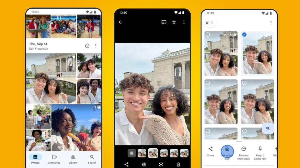Three Android phones on an orange background showing the Google Photos Photo stacks feature