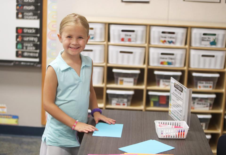 Andi Westerlund, 6, poses for a photo at Kyrene de la Mirada Leadership Academy in Chandler on July 17, 2023, during the academy's back-to-school event.