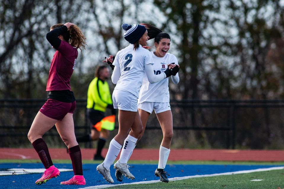 Briarcliff celebrates a goal during the girls Class B subregional soccer game in Wallkill, NY on Wednesday, November 1, 2023. O'Neill defeated Briarcliff in double overtime 3-2. KELLY MARSH/FOR THE TIMES HERALD-RECORD
