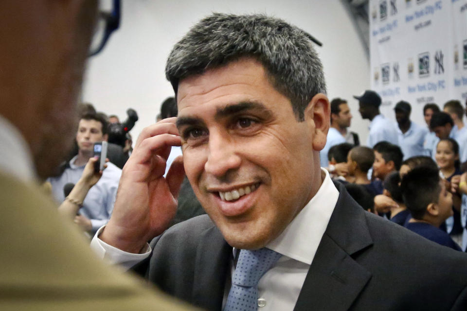 FILE - Former U.S. national team soccer captain Claudio Reyna reacts during an interview on May 22, 2013, in New York. The firm Alston and Bird was retained after Reyna and wife Danielle Egan Reyna, the parents of current United States midfielder Gio Reyna, went to the USSF with allegations of the 1992 incident following the decision by Berhalter to use Gio sparingly at last year’s 2022 World Cup. (AP Photo/Bebeto Matthews, File)